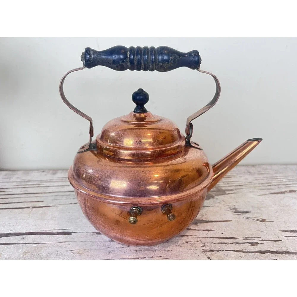 Vintage Small Copper Tea Kettle With Wood Handle Cottage Core 8” x 6” Country